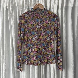 SHEIN Multicolor Floral Mock Neck Sheer Long Sleeve Top